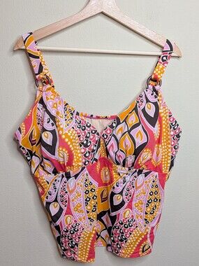 Avenue 22W Tankini Top Psychedelic Print Pink Orange Brown Plus Size Swimwear